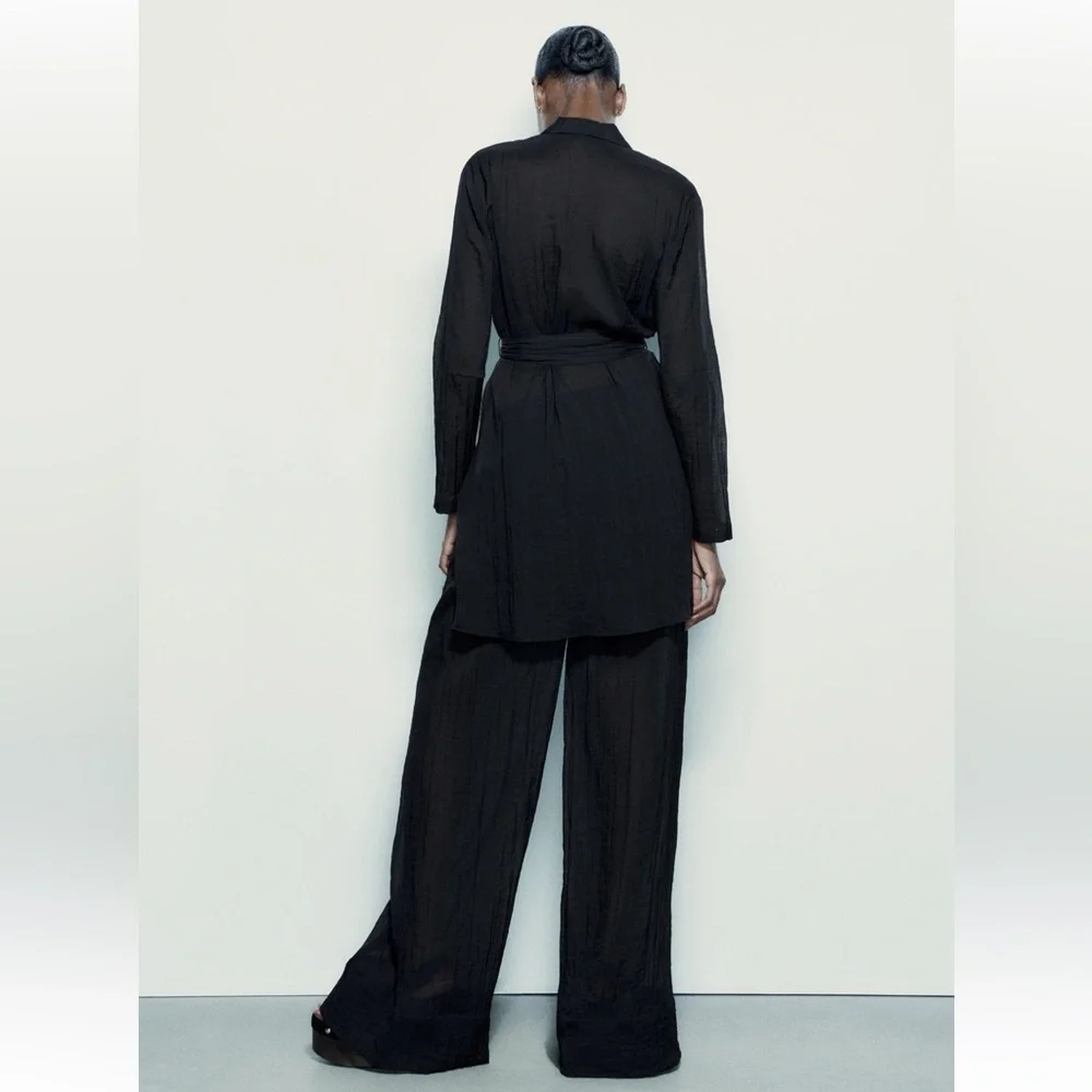 Zara Black Semi-sheer Minimalist Belted Blouse Relaxed long sleeves belt XS NWT - Picture 7 of 16